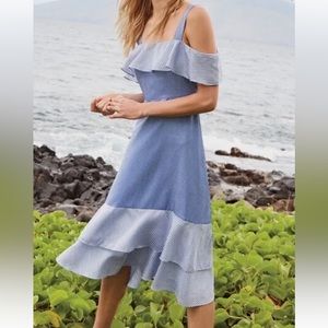 J Crew Cold Shoulder Striped Blue Midi dress